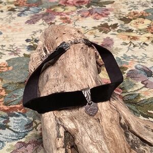 Black Velvet Choker Necklace w/ 925 Stamped Mini Heart Charm on Ornate Bail